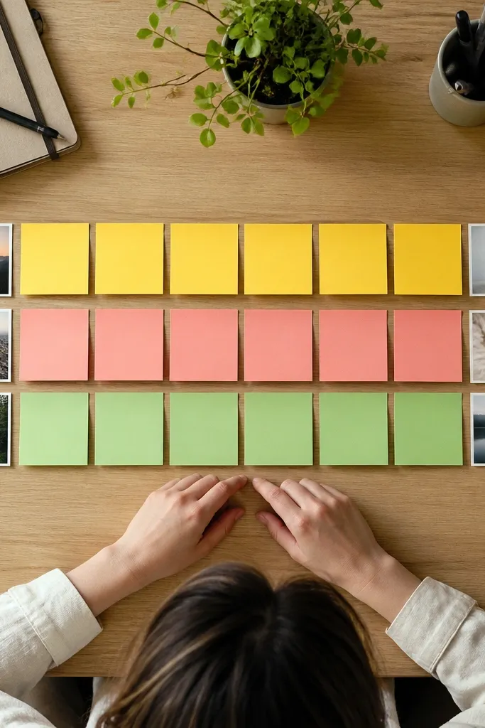 Color-block board made of sticky notes with a single black title and small squares.