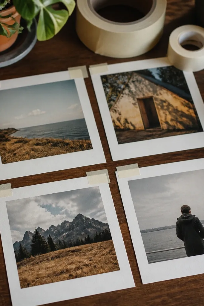 Upcycled paper prints framed with tape into polaroid-like rectangles and neat captions.