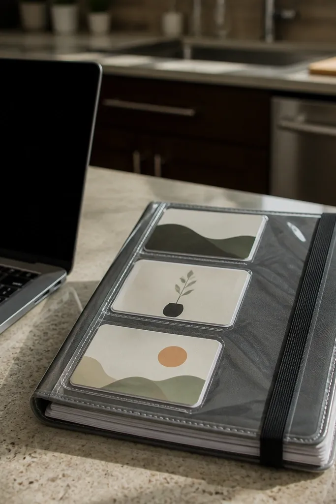 Notebook cover with laminated goal cards, handwritten labels, and a matte background.