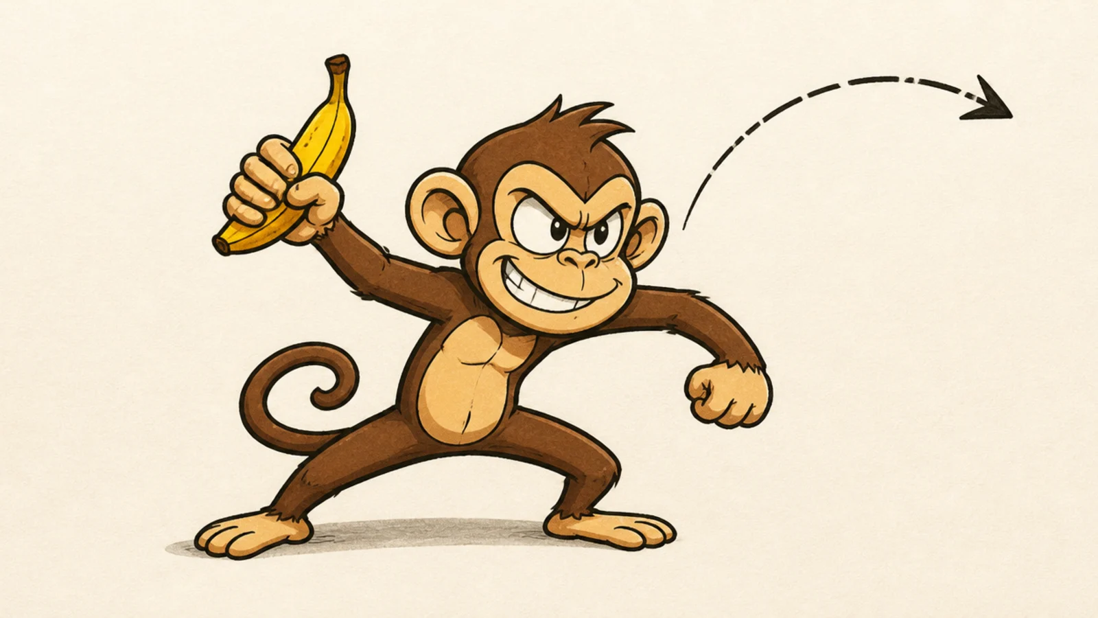 A mischievous cartoon monkey winding up to throw a banana