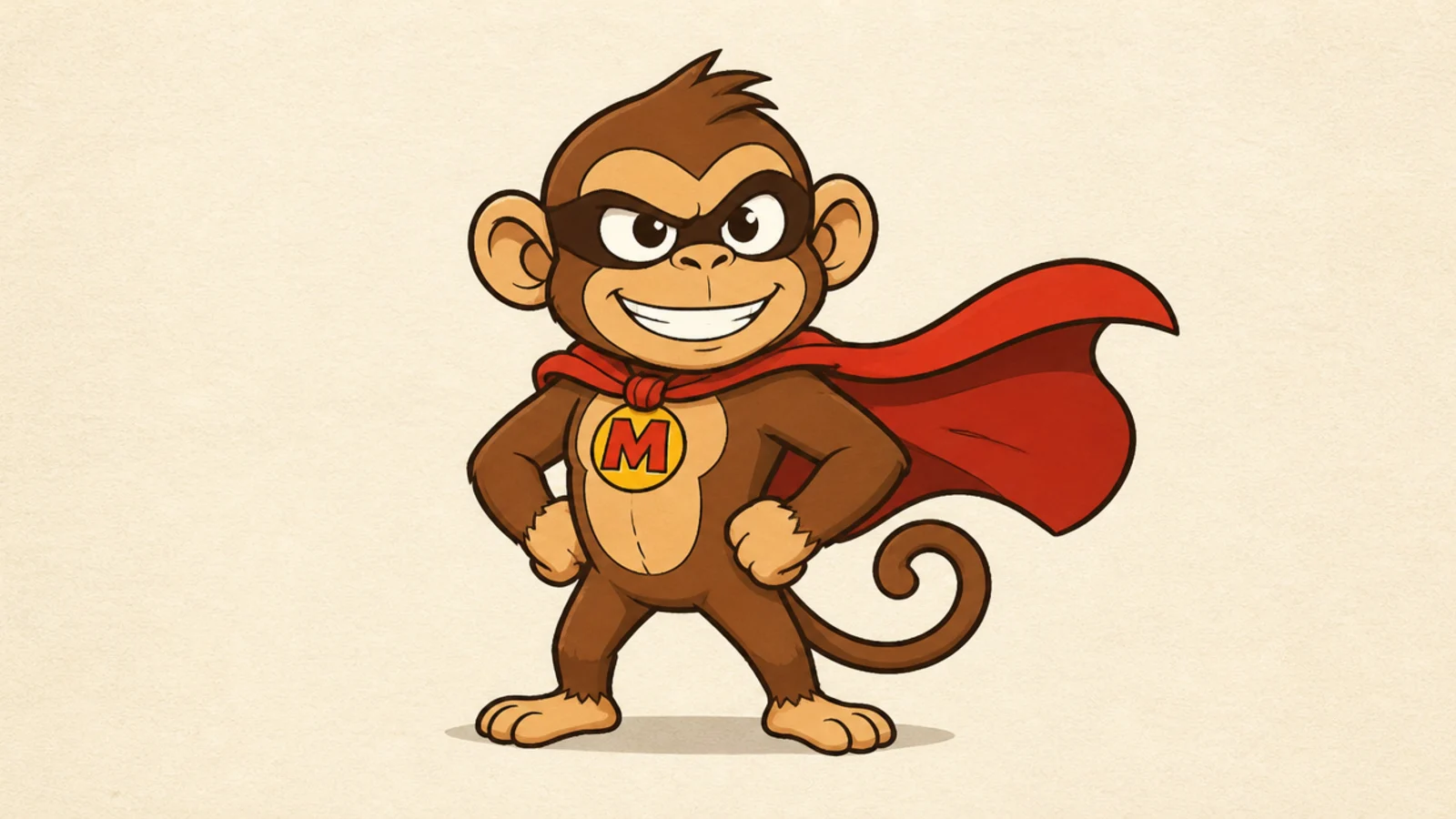 A cartoon monkey in a superhero cape and mask striking a pose