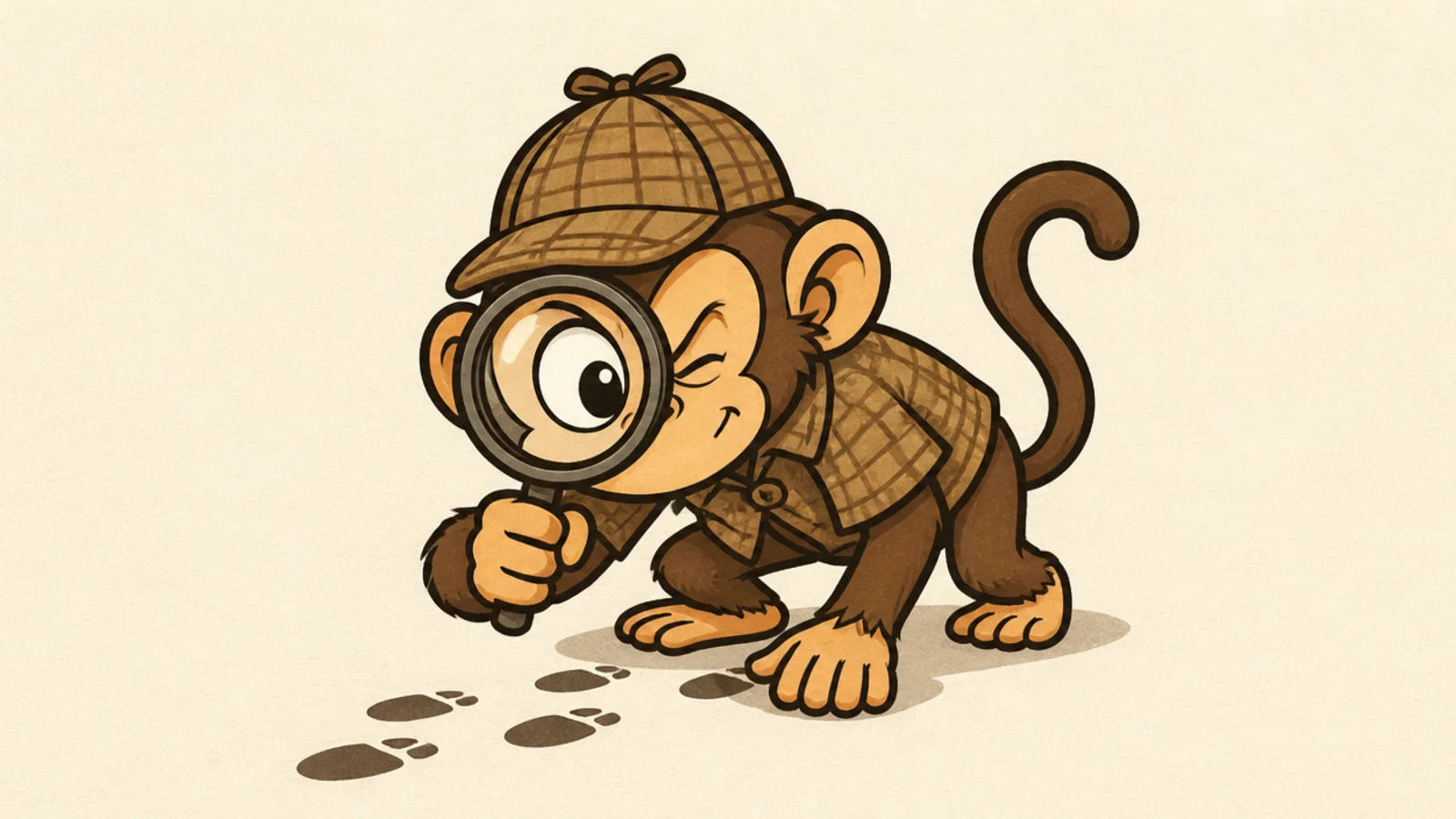 A cartoon monkey detective with a hat and magnifying glass