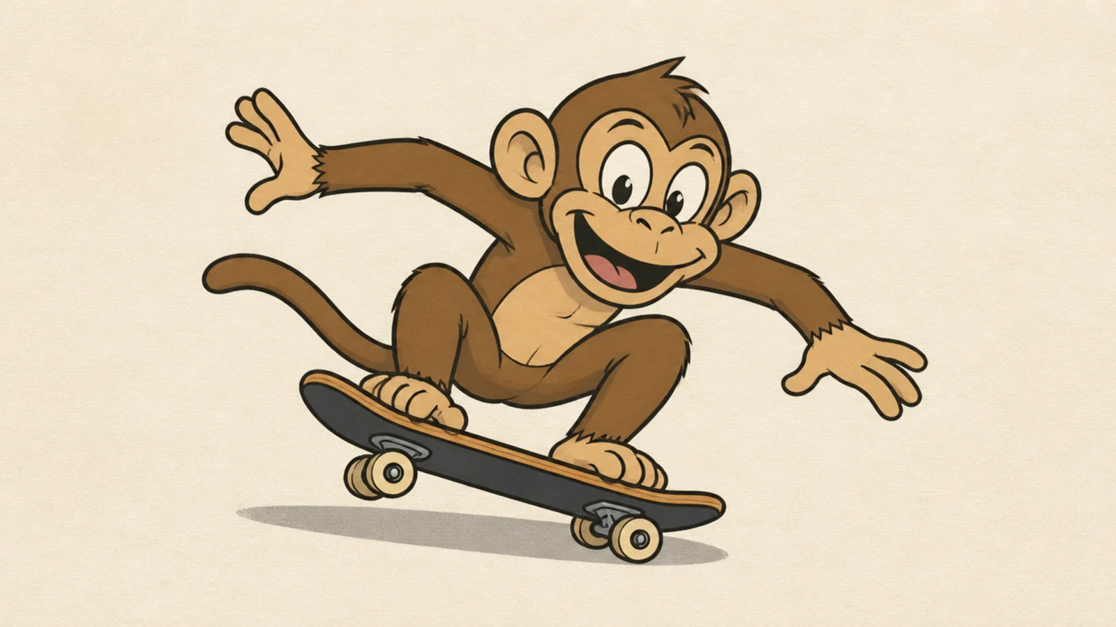 A cartoon monkey riding a skateboard in a crouched pose