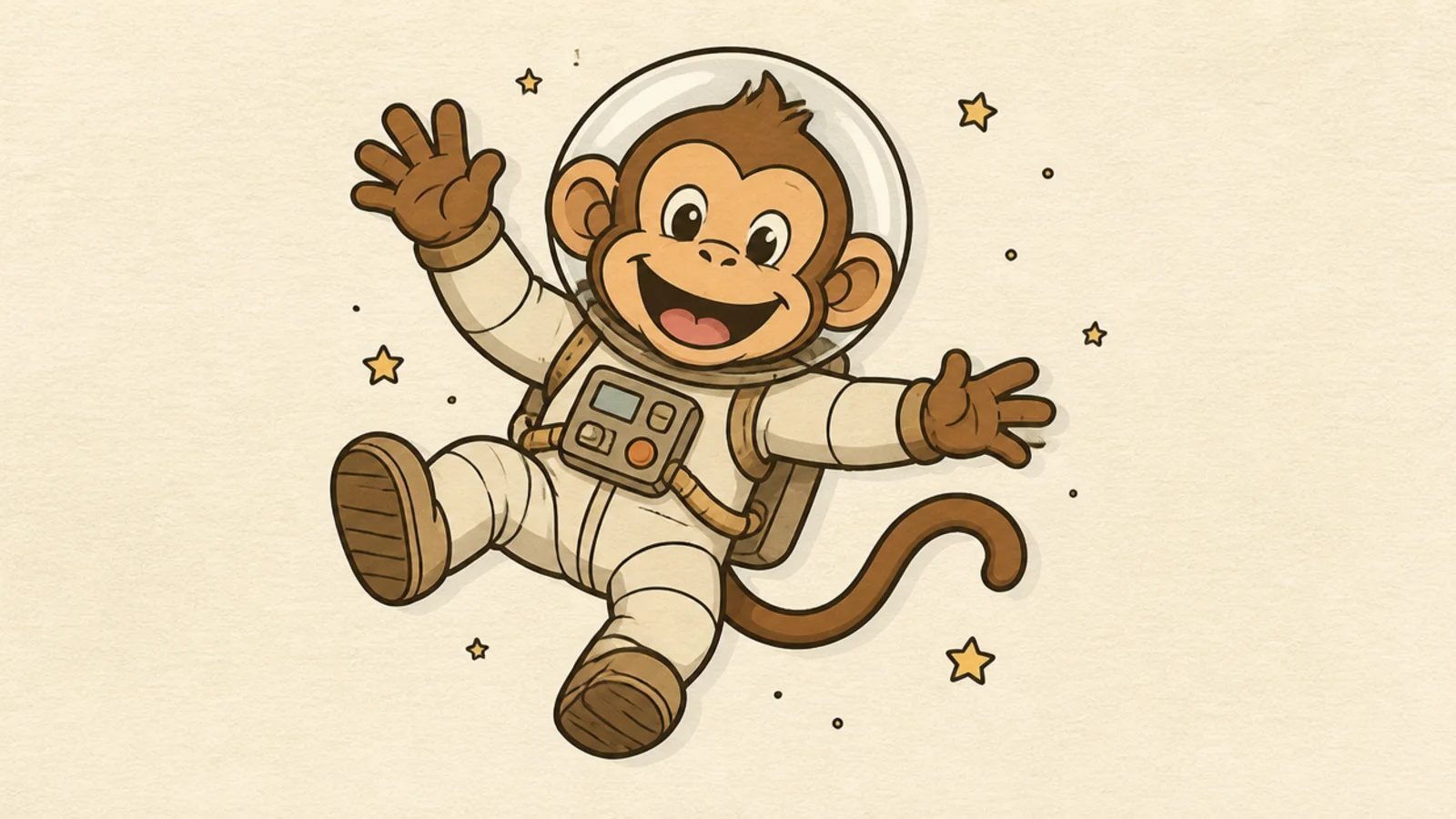 A cartoon monkey in a space suit floating with a helmet
