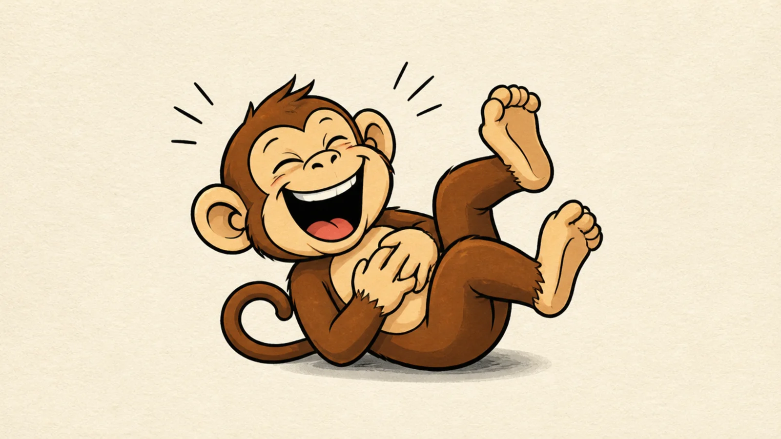A cartoon monkey rolling on its back laughing hard