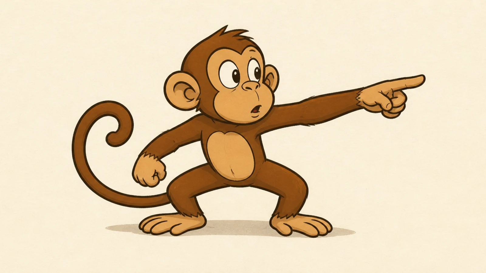 A cartoon monkey pointing off to one side