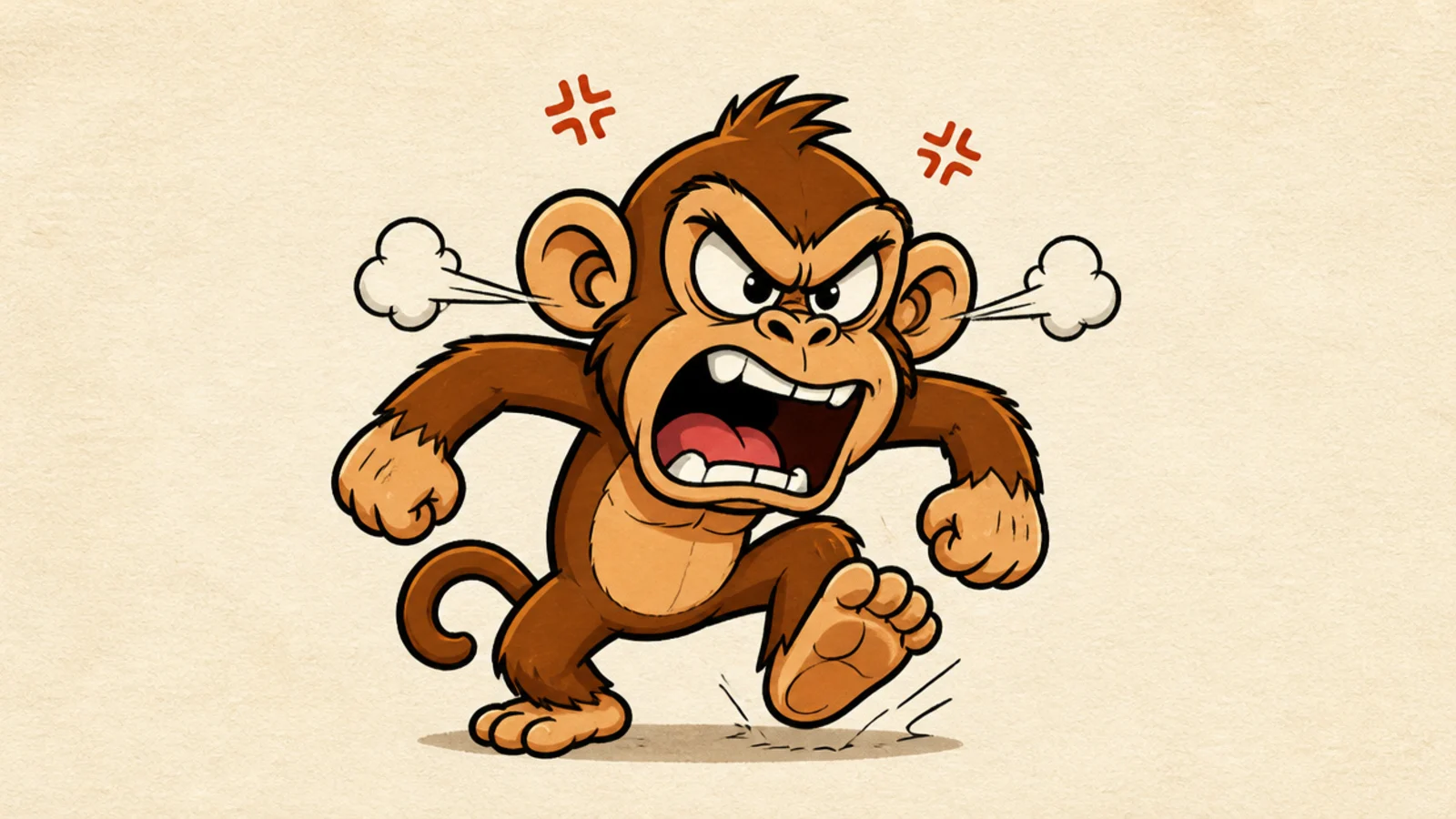 A cartoon monkey stomping with steam from its ears