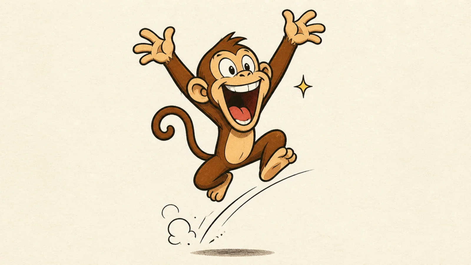 A cartoon monkey leaping into the air with arms up in celebration