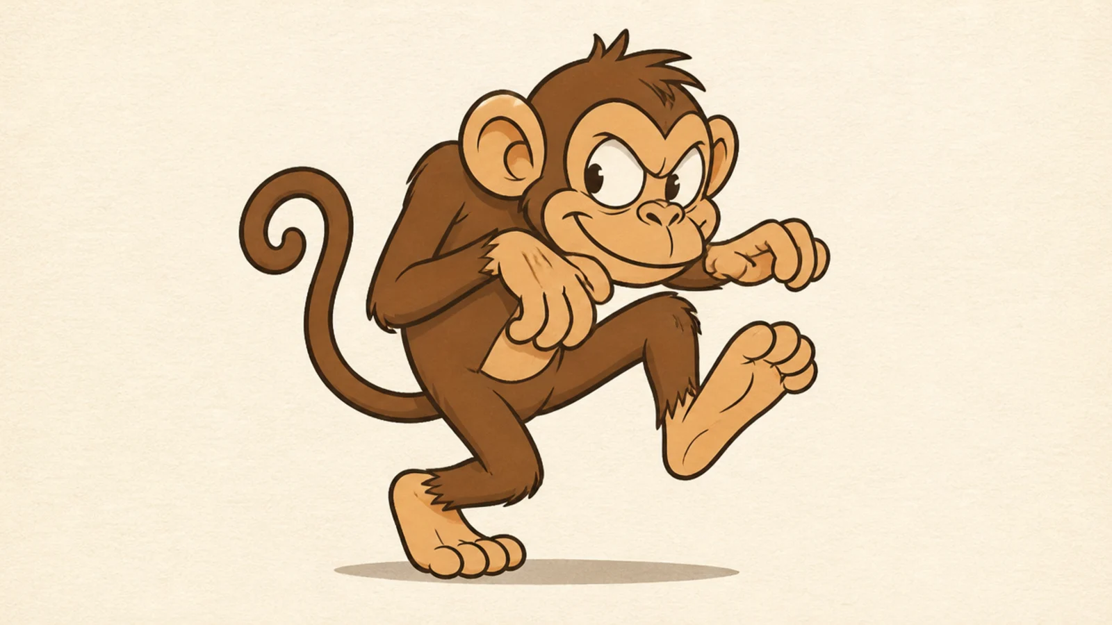 A cartoon monkey tiptoeing sneakily with exaggerated steps