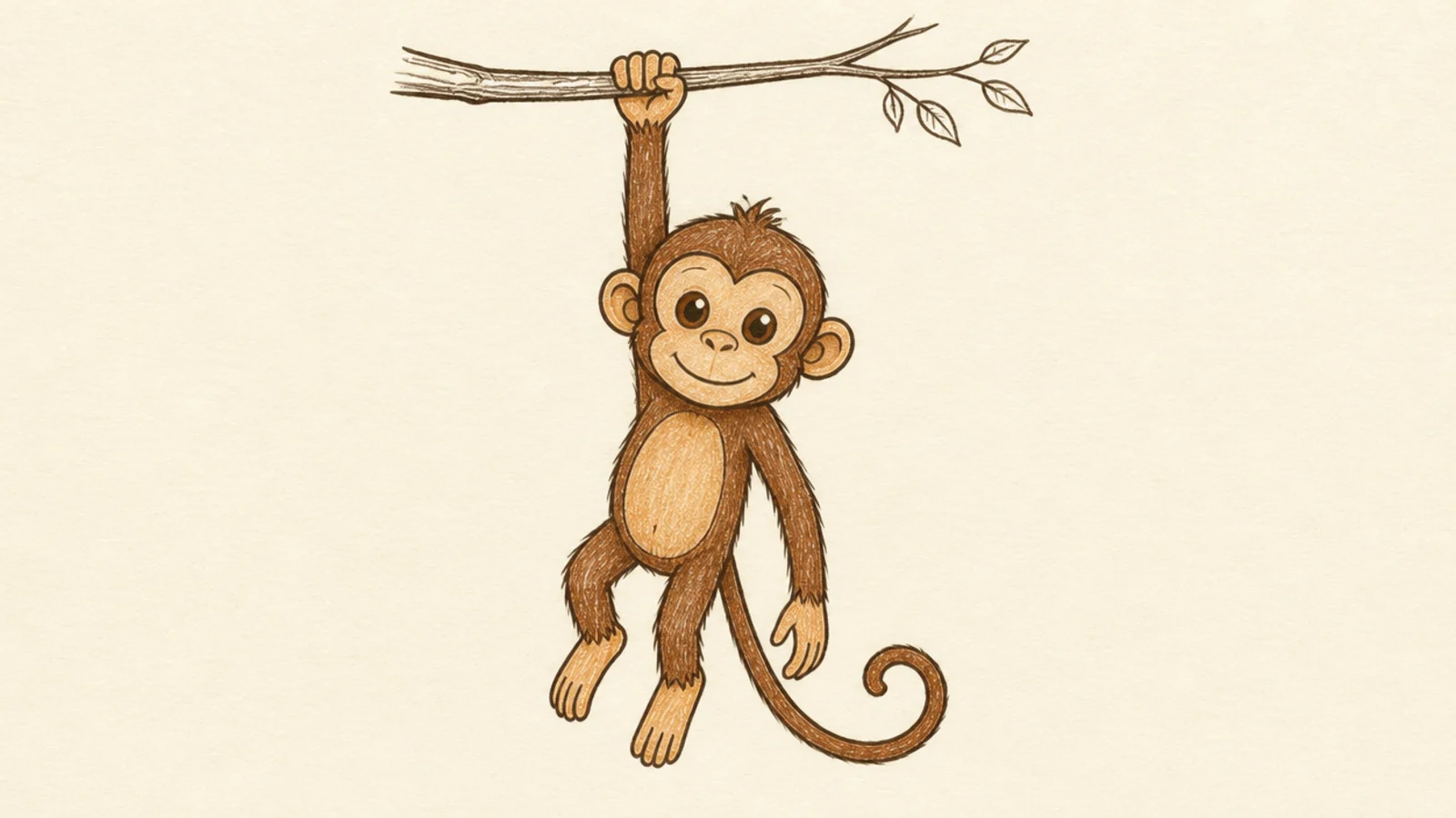 A beginner monkey drawn hanging from a branch by one arm