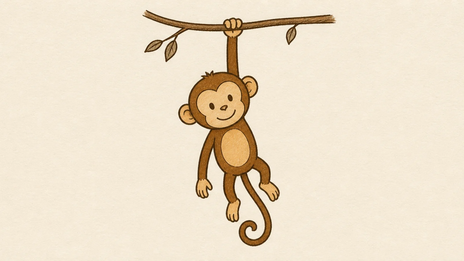 An easy monkey hanging from a branch by one arm