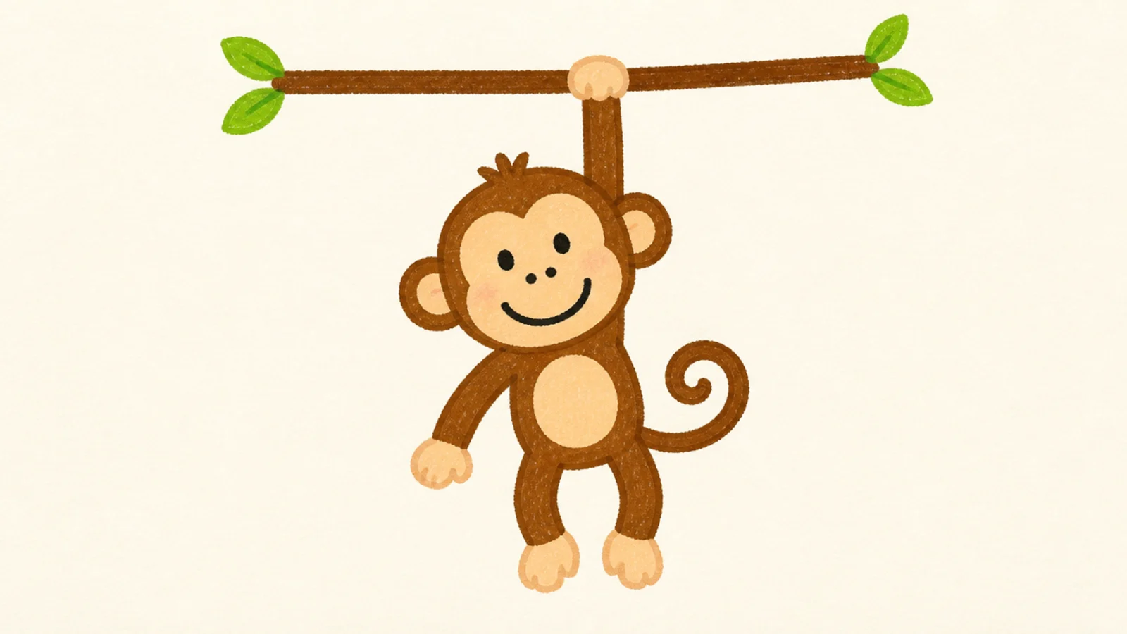 A kid-friendly monkey hanging from a branch by one arm