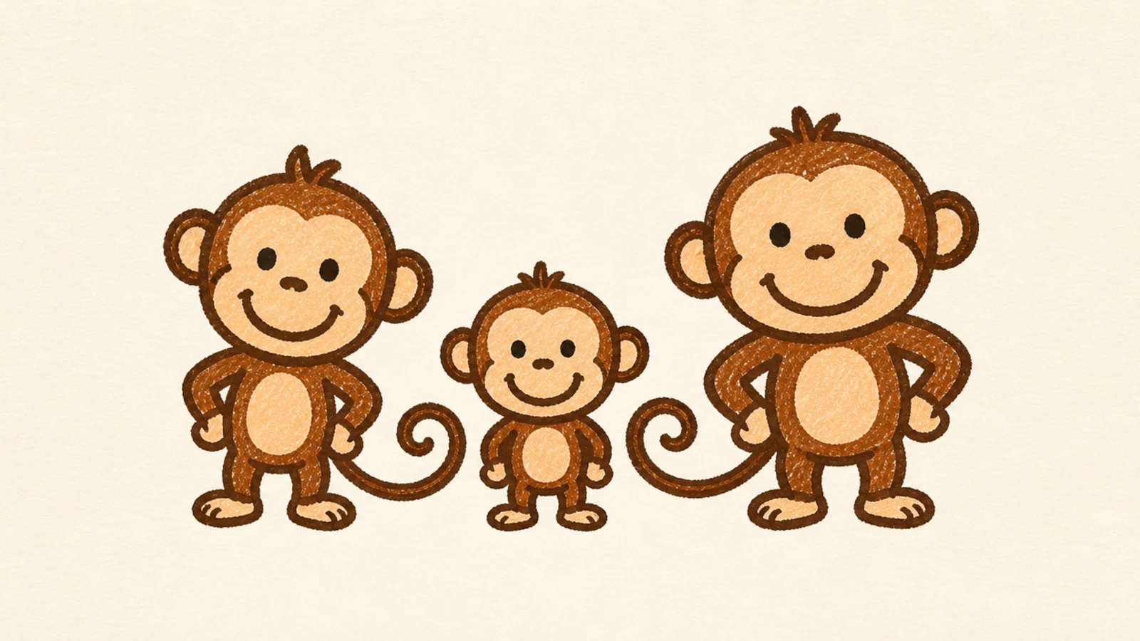 Three kid-friendly monkeys standing together as friends