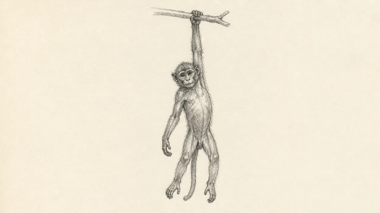 A loose pencil sketch of a monkey hanging from a branch by one arm