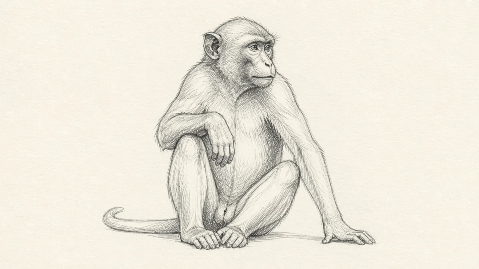 A monkey sketch shaded with straight hatching lines on one side