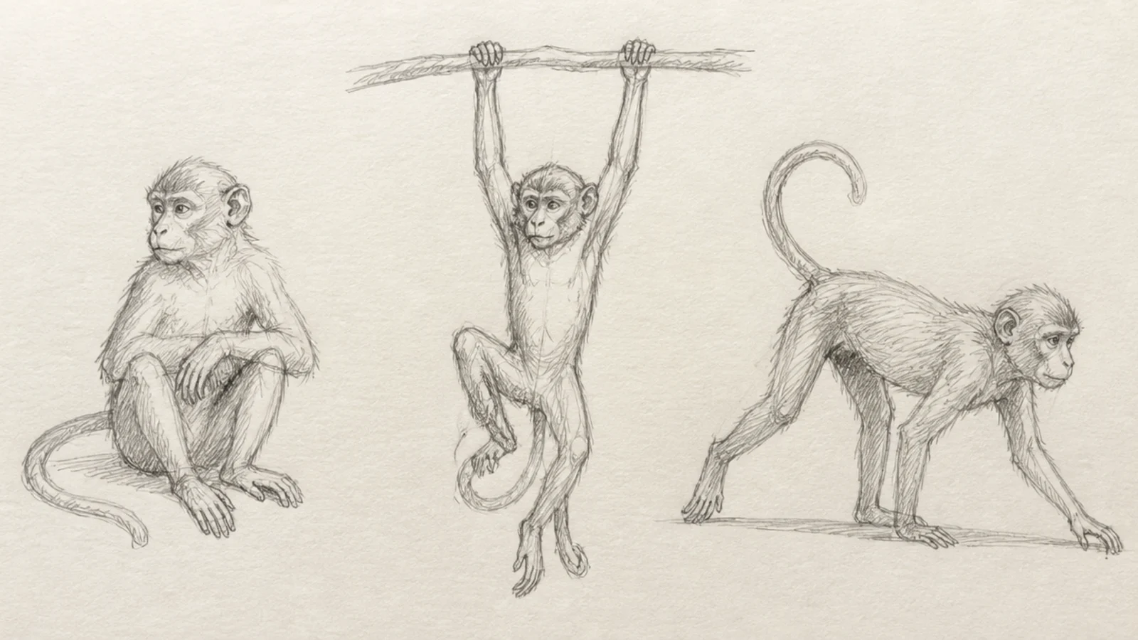 A sketchbook page with three quick monkey poses