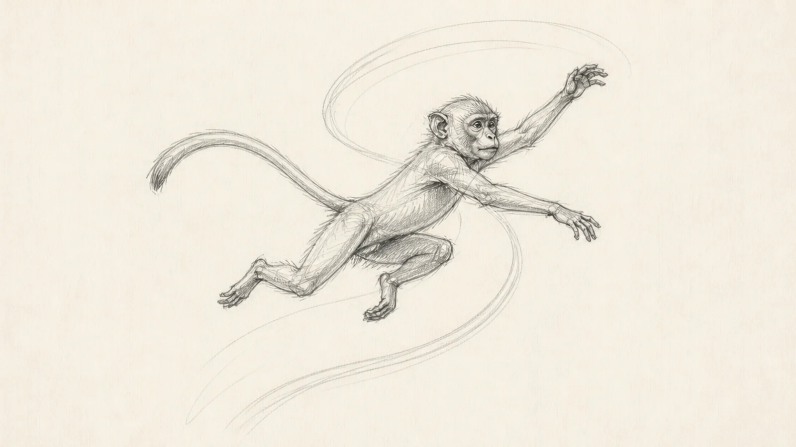 A dynamic loose sketch of a monkey leaping through the air