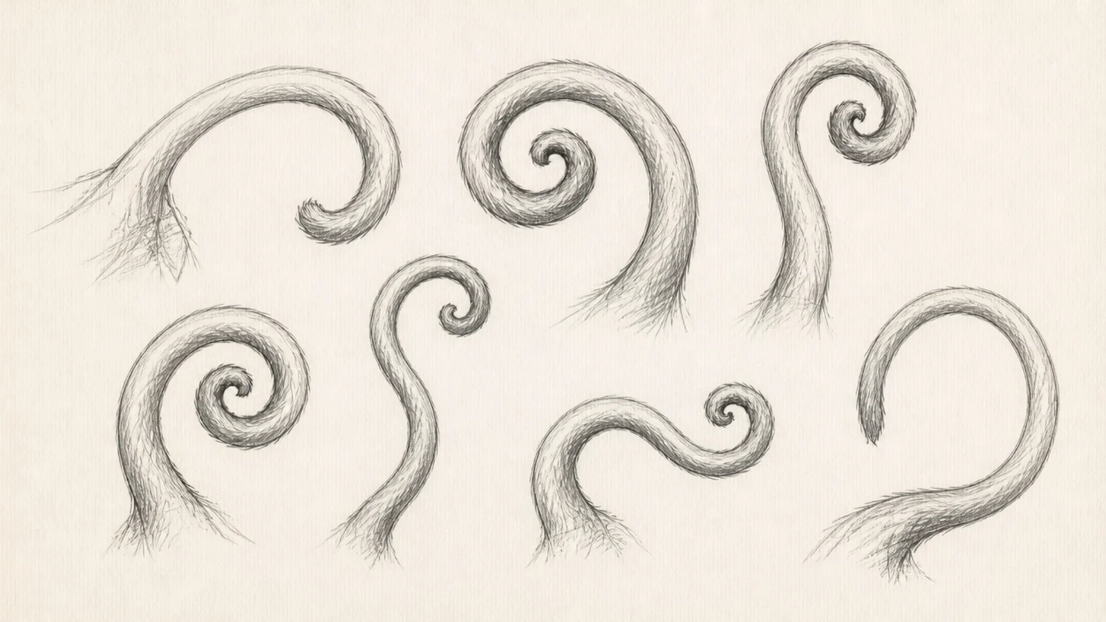 A sketch focused on several curling monkey tail shapes