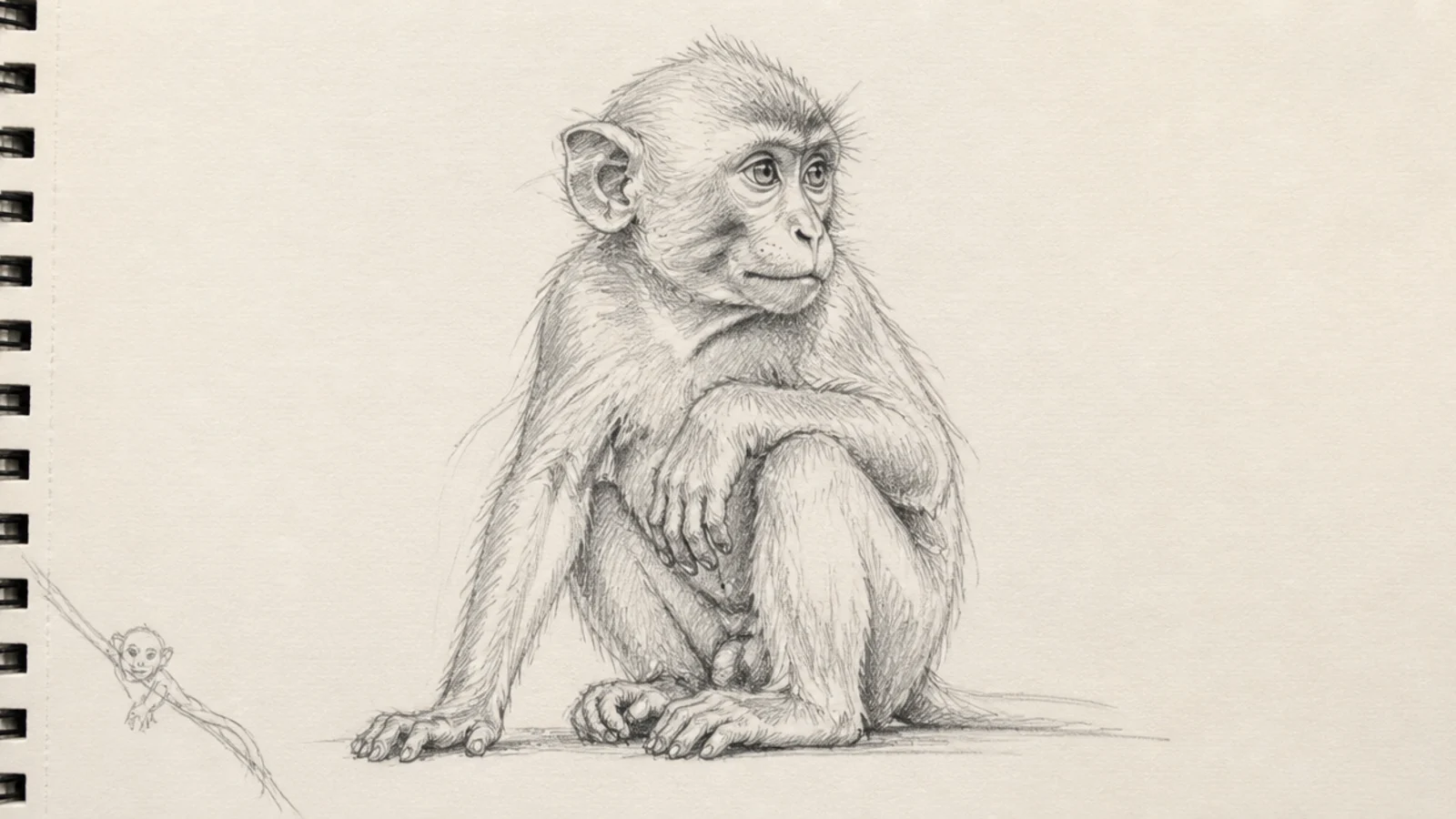 A small loose monkey sketch tucked into a page corner