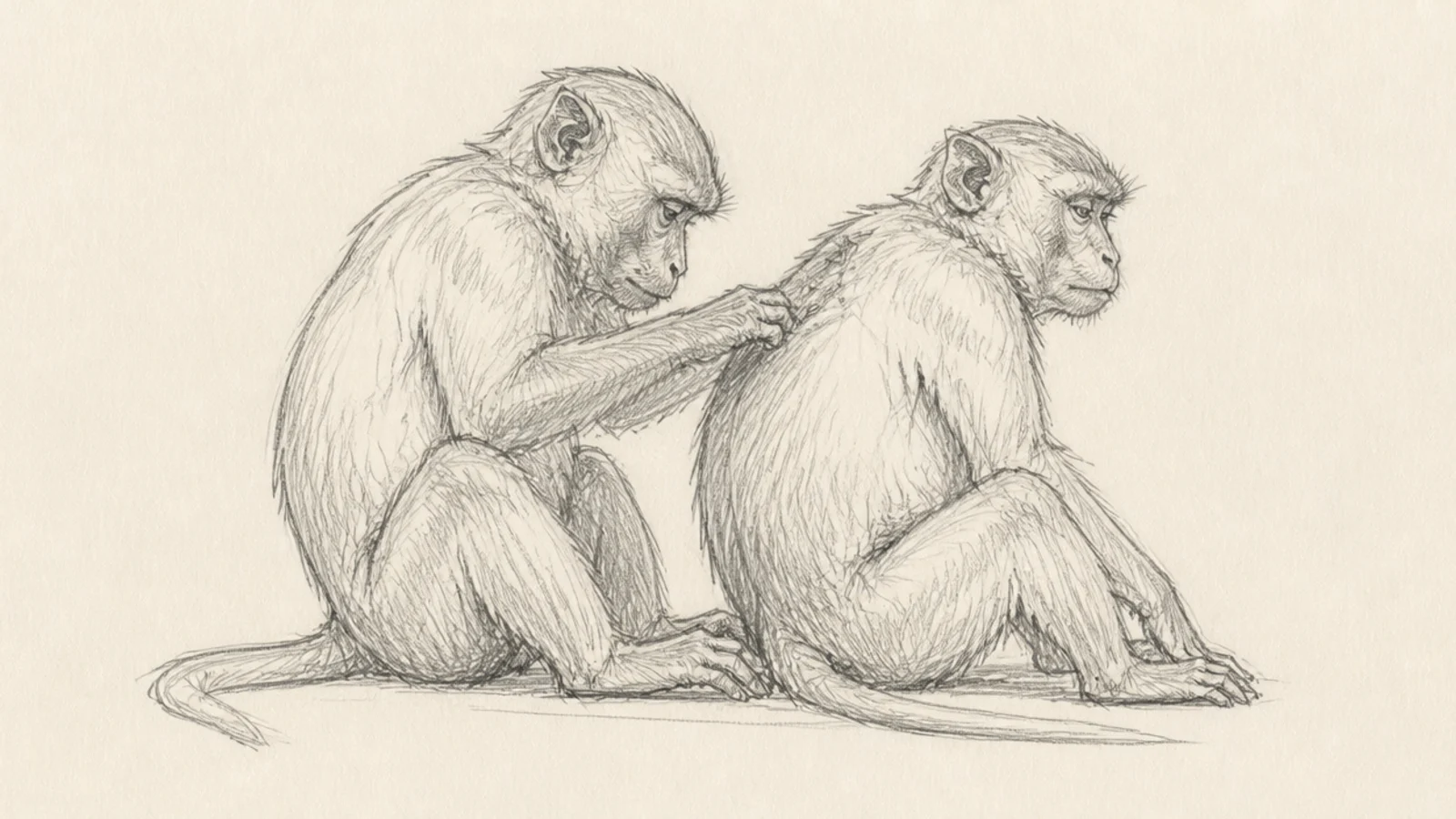 A loose sketch of two monkeys sitting close, one grooming the other