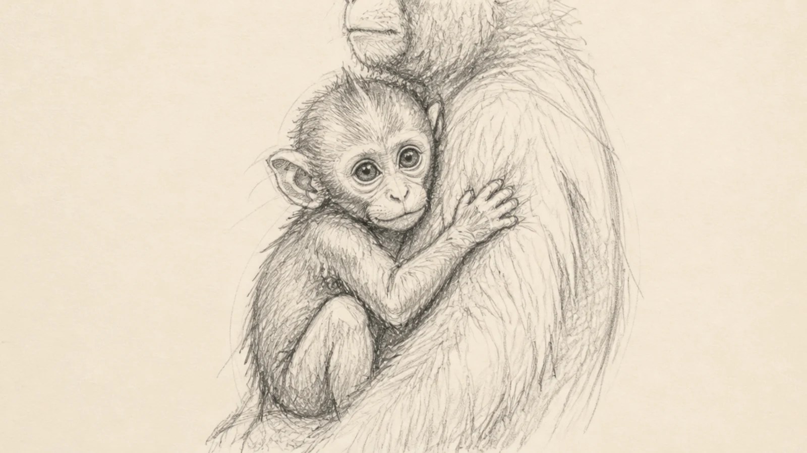 A loose sketch of a baby monkey clinging to its mother's belly
