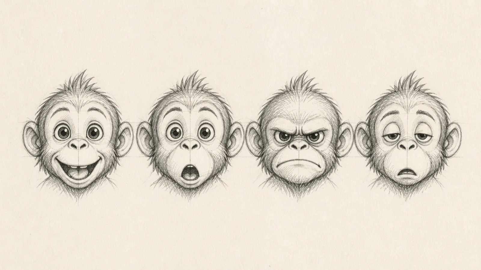 A row of small monkey faces showing different expressions
