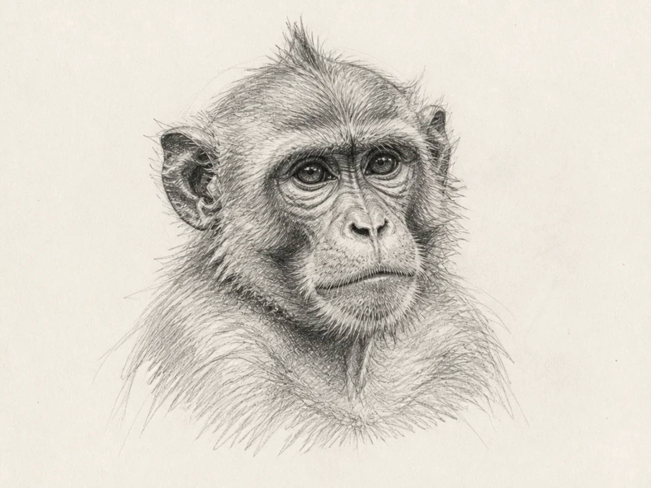 A more finished pencil sketch portrait of a monkey with soft shading