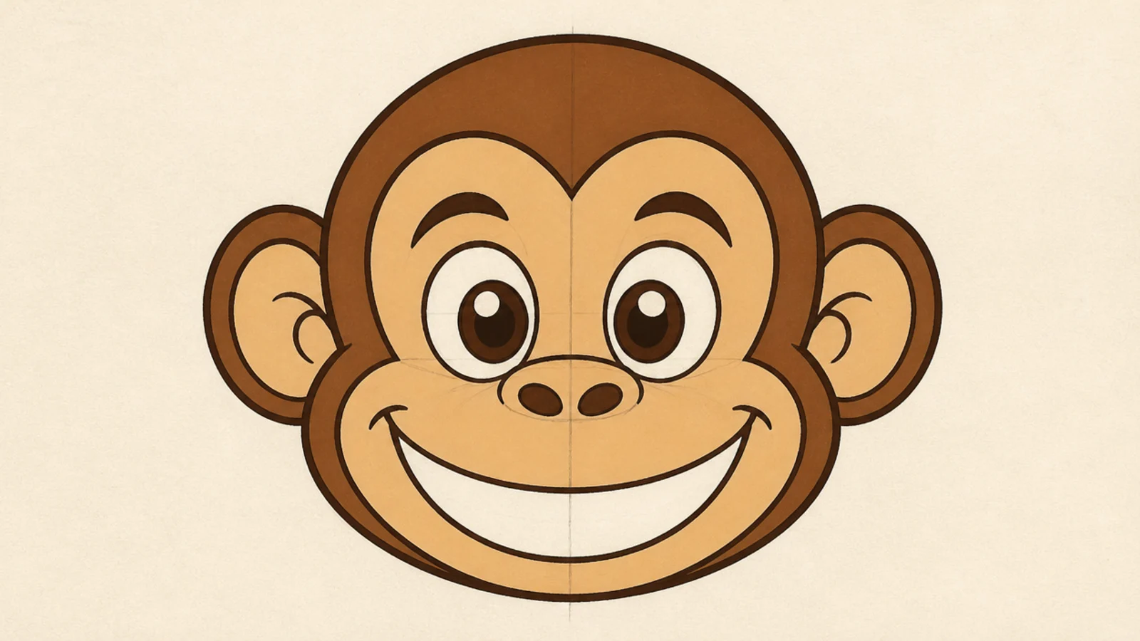 A bold cartoon monkey face with big eyes and a wide grin