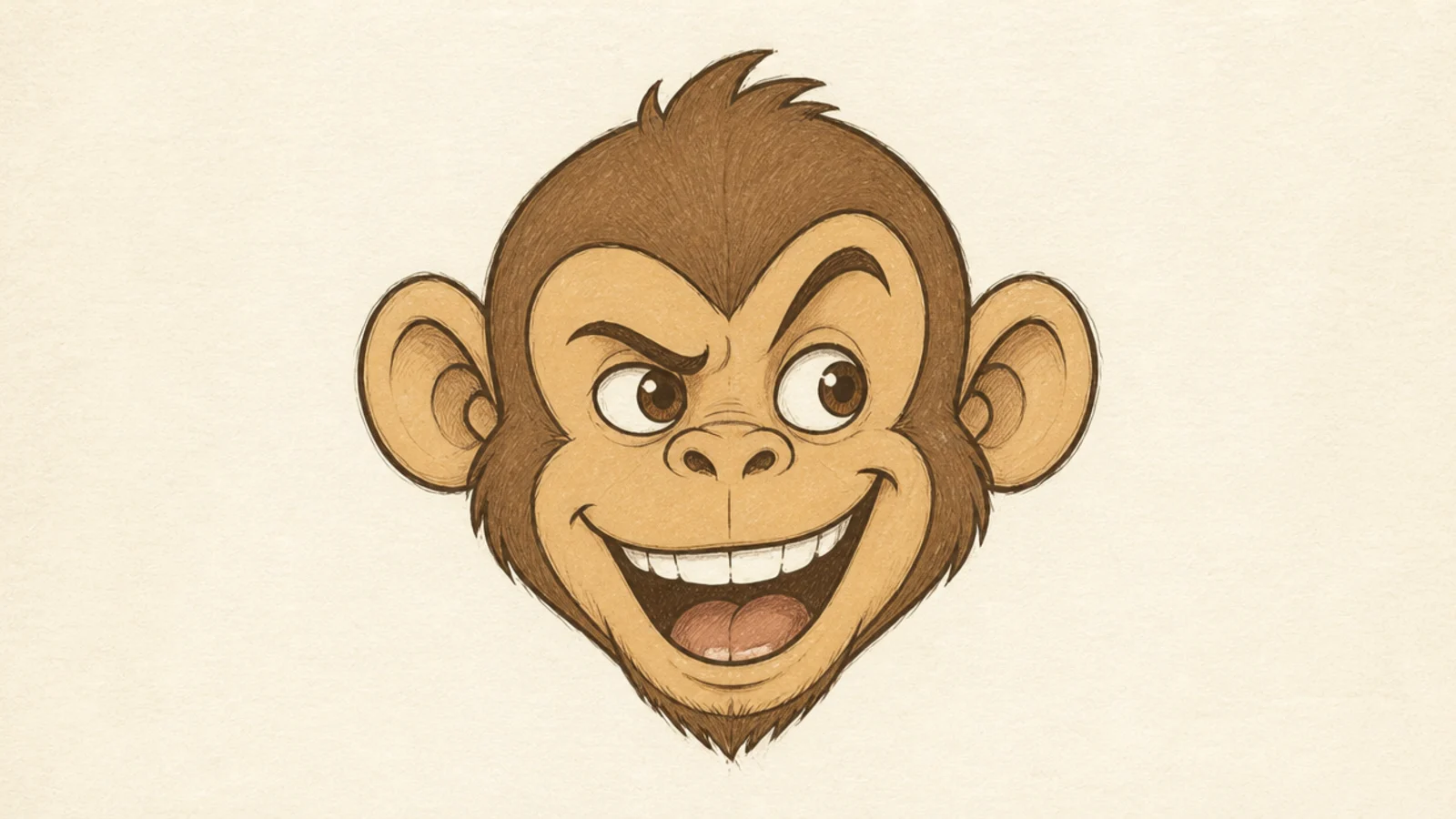A cheeky monkey face with a wide toothy grin and raised brow