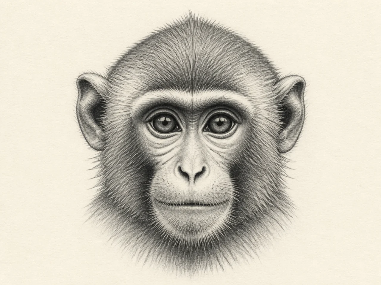 A realistic pencil portrait of a monkey's face with detailed fur
