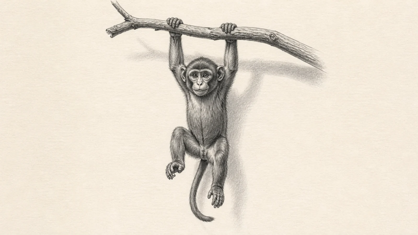 A realistic pencil drawing of a monkey hanging from a branch