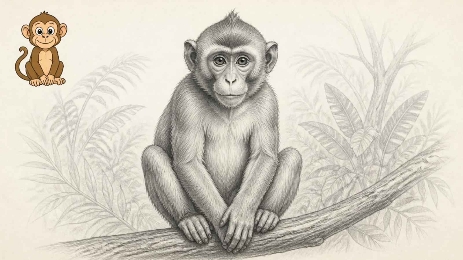 A realistic pencil monkey in a detailed jungle scene