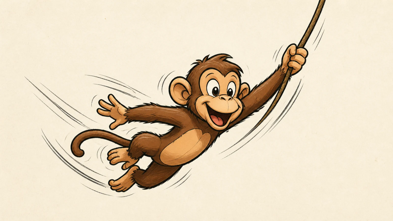 A cartoon monkey swinging dynamically with motion lines