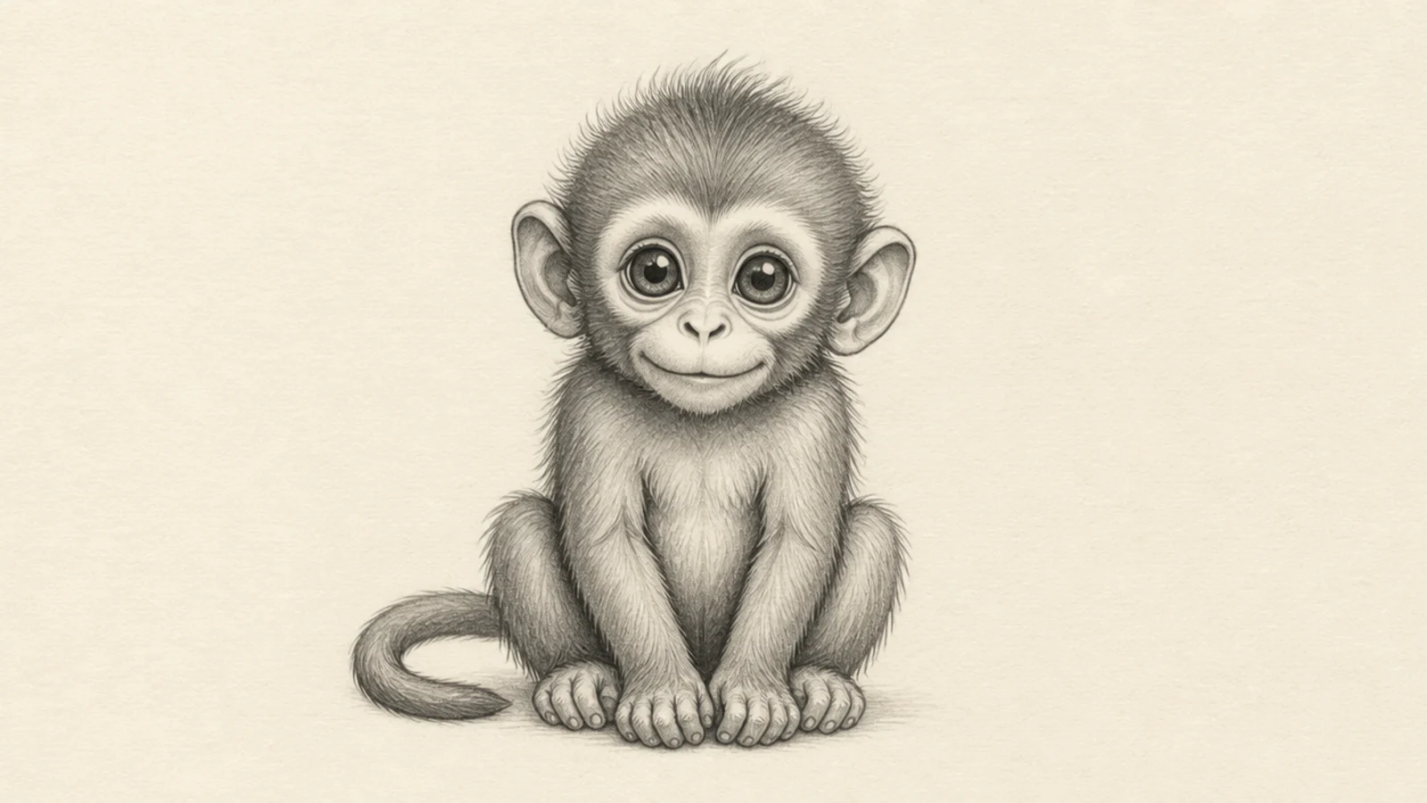 A soft realistic pencil drawing of a baby monkey
