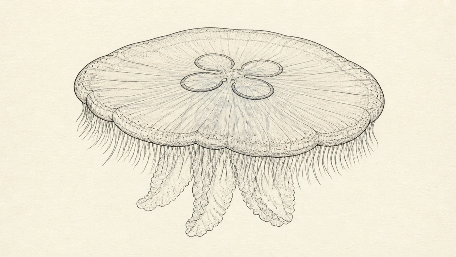 A translucent moon jellyfish with a wide pale dome and four clover rings
