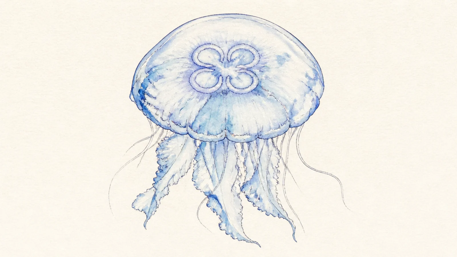 A soft watercolor moon jellyfish with blooming pale blue edges