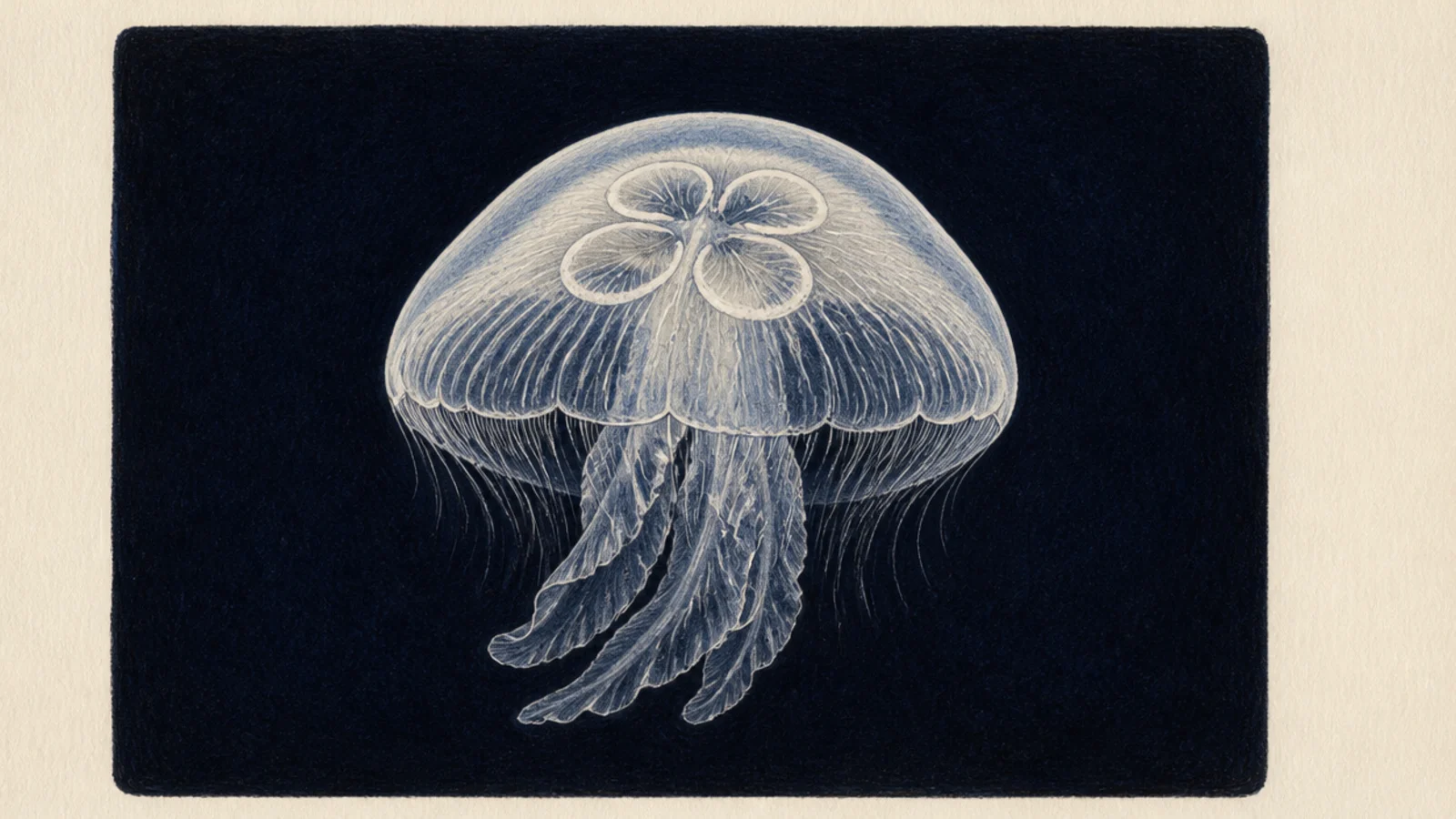 A pale moon jellyfish glowing against a dark blue background