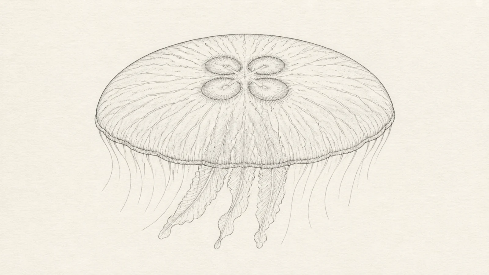 A clean minimalist line drawing of a moon jellyfish with the four rings