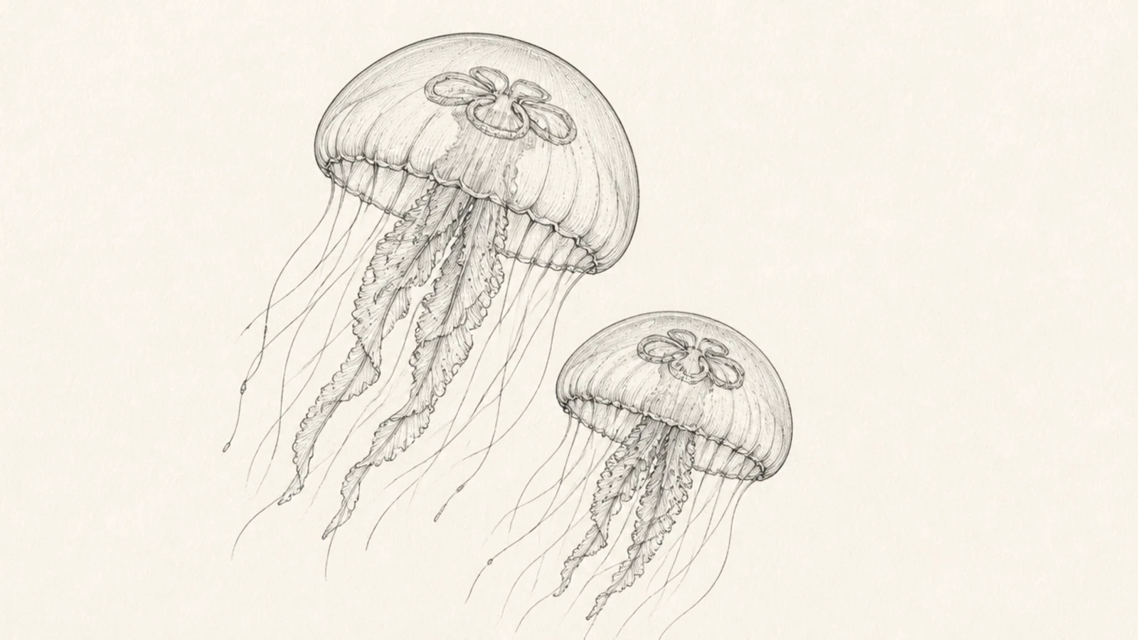 Two moon jellyfish drifting together at different heights