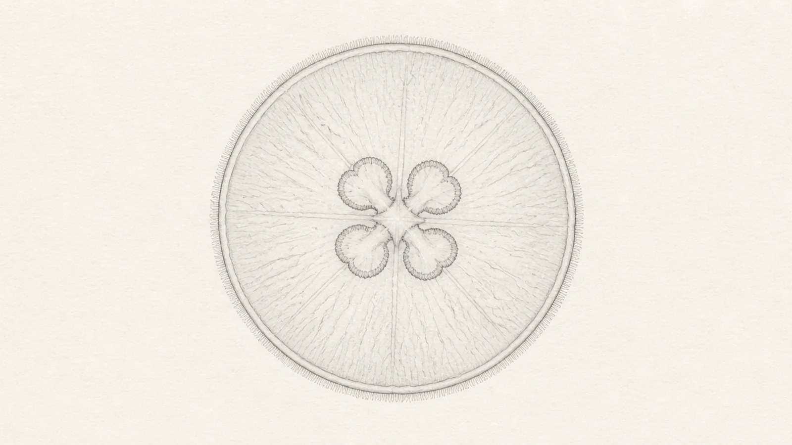 A moon jellyfish seen from above showing the four-ring clover pattern