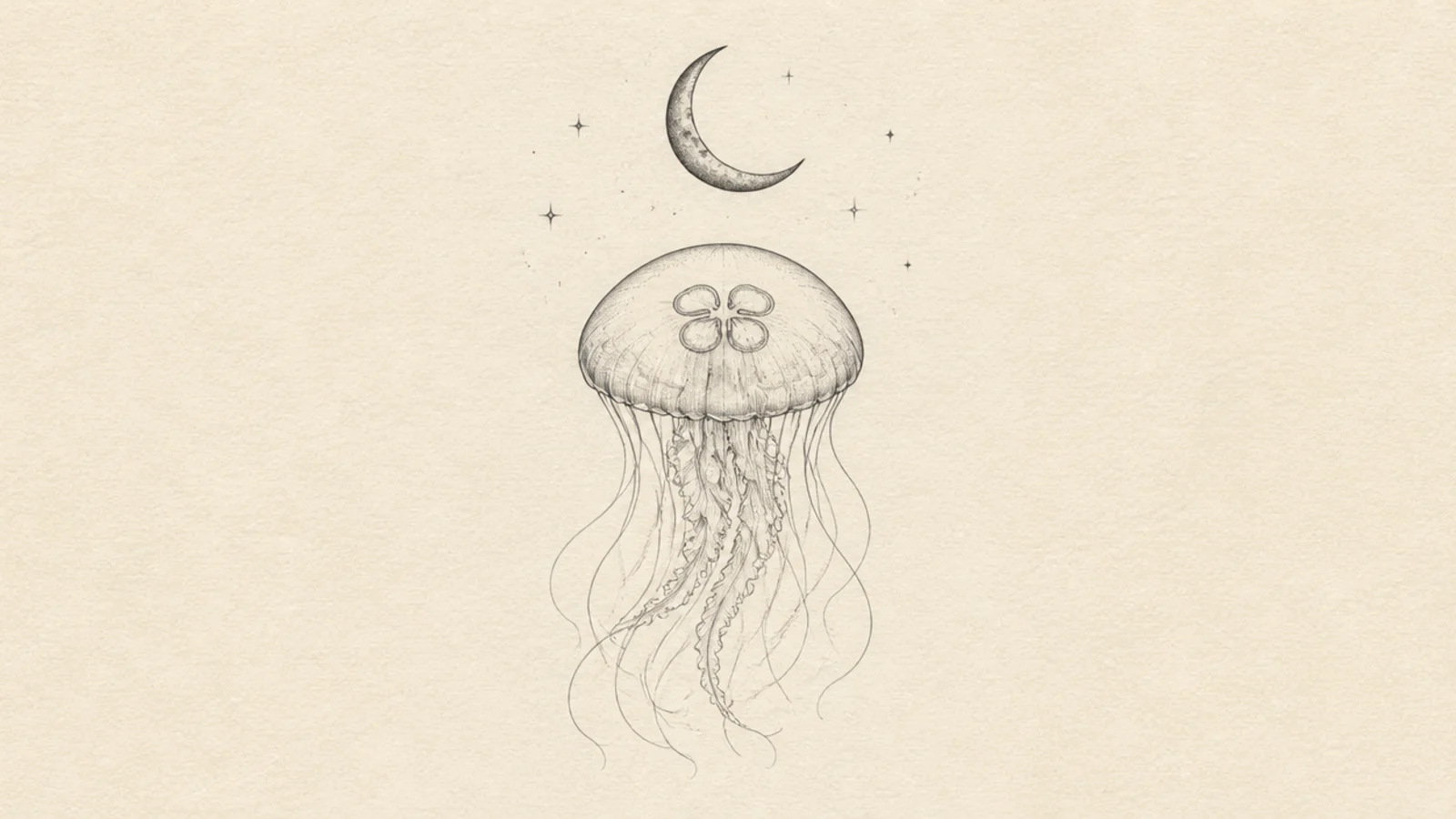 A moon jellyfish drifting below a crescent moon and stars