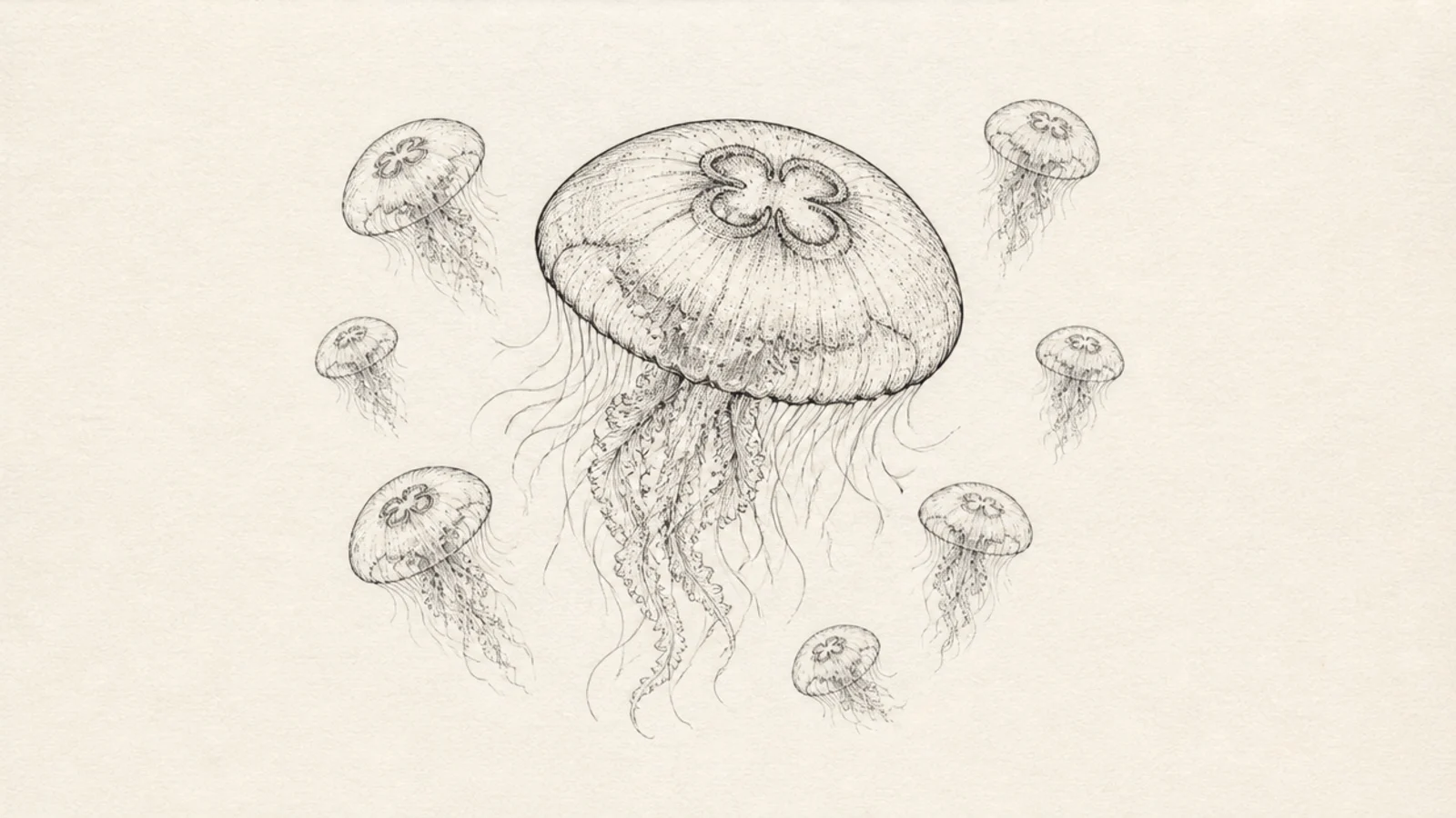 A group of small moon jellyfish drifting together as a bloom