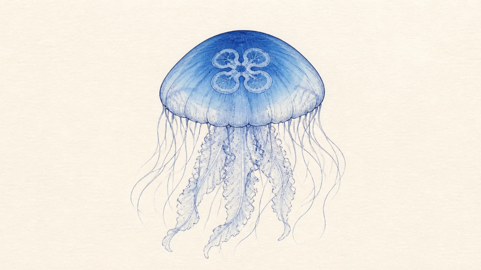 A moon jellyfish shaded in a soft blue gradient from rim to center