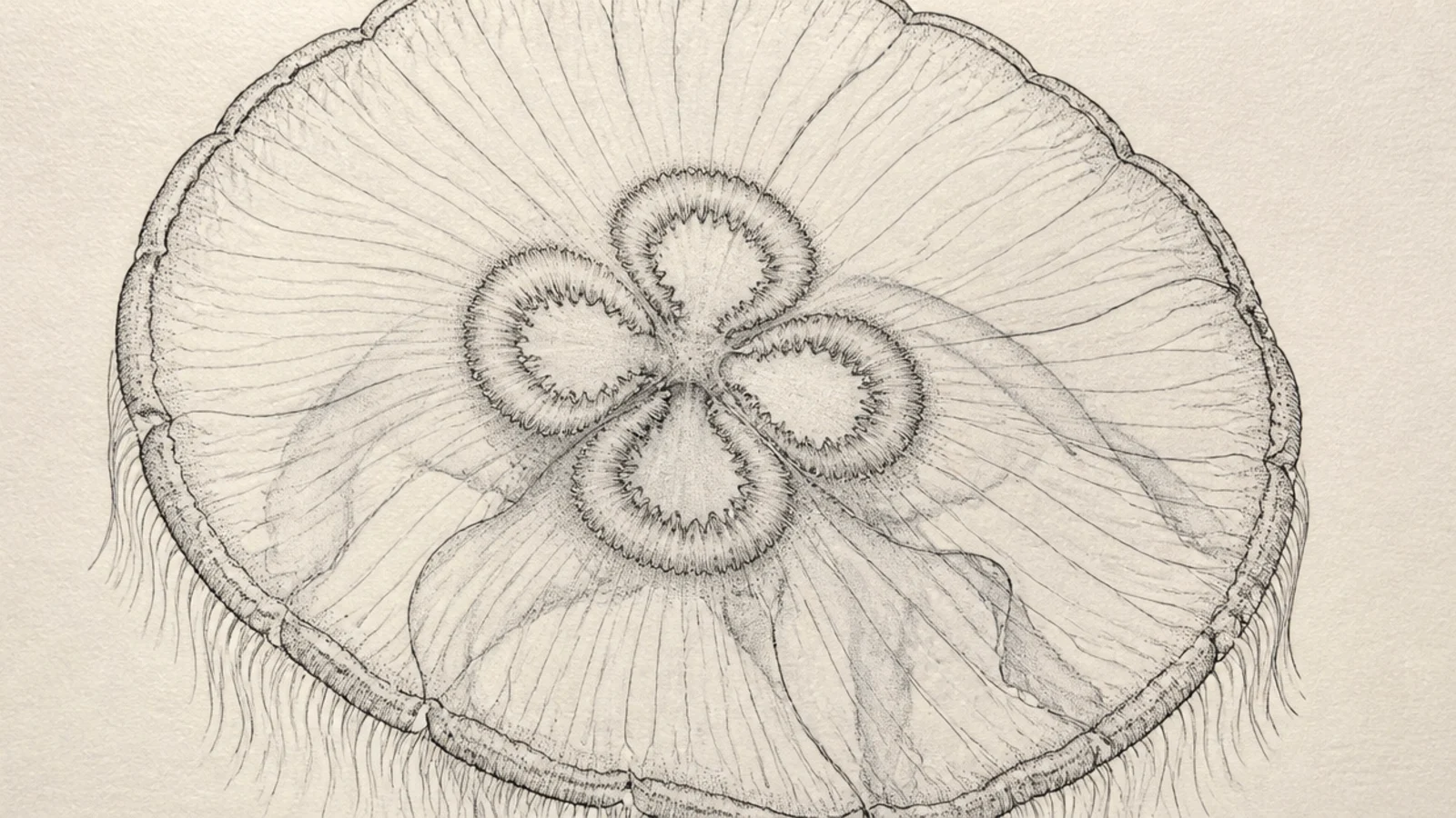 A close-up moon jellyfish drawing emphasizing the four clover rings