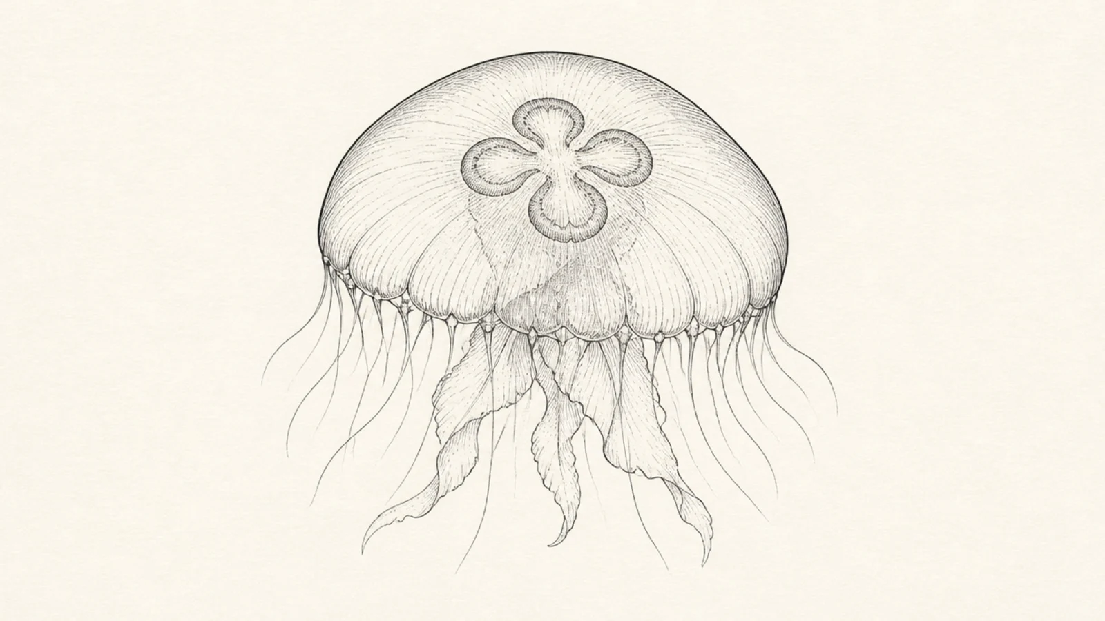 A detailed fineliner moon jellyfish with delicate hatching