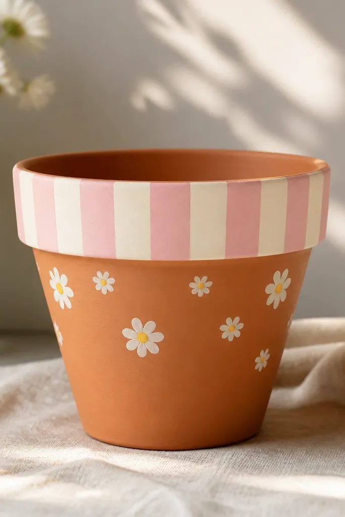 A terracotta pot painted with alternating pastel pink and cream stripes around the rim band, with small white daisies and yellow centers scattered just below the stripes; the rest stays terracotta-orange for contrast.