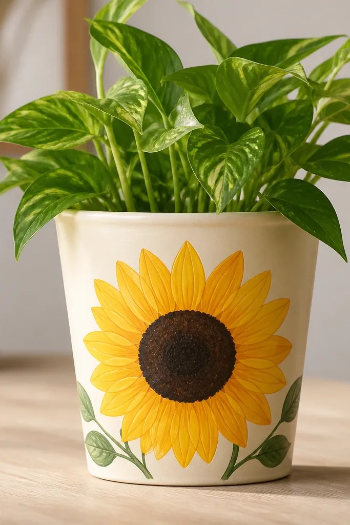 A cream-painted pot with a bold sunflower on the front: a thick yellow petal fan, a dark brown center circle, and small green leaf accents near the base.