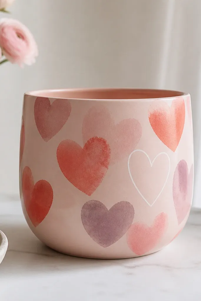 A blush-pink pot with loose, watercolor-looking hearts in coral, pink, and a little dusty purple, plus a thin white heart outline on one side.
