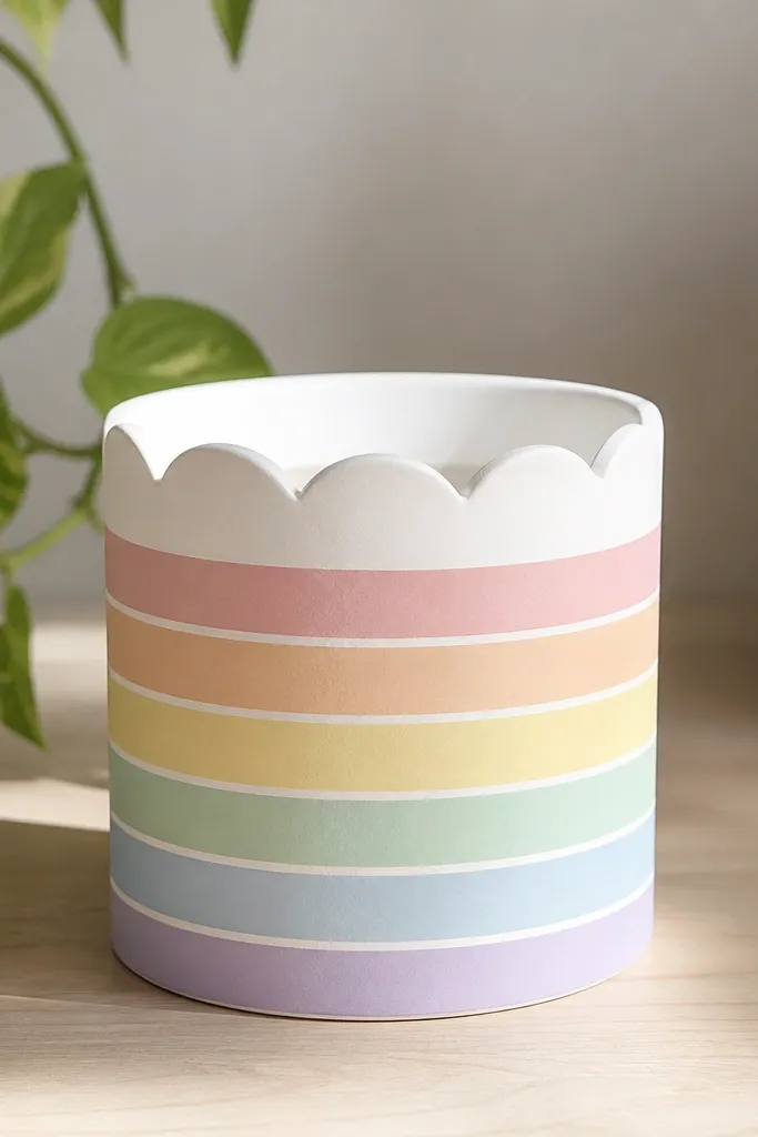 A white pot with stacked pastel rainbow blocks across the front, separated by thin white lines, and a simple cloud-shaped border around the top edge.