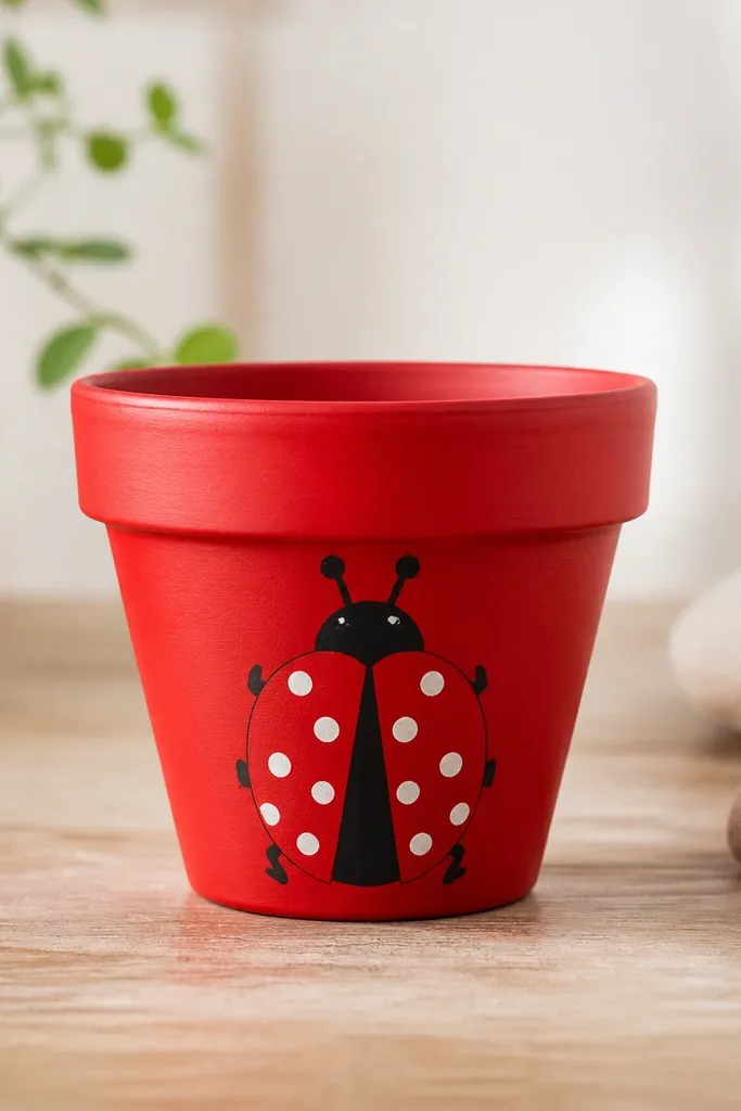 A red-painted pot with a cute ladybug on the front: two black wing sections, evenly spaced white polka dots, a small black head, and tiny legs near the base.